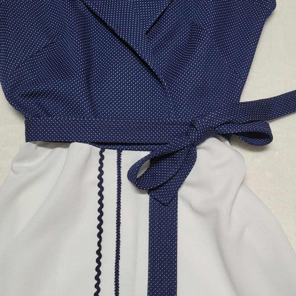 Herman Marcus 60s Vintage Blue White Polka-dot Dagger Collar Midi Wrap Dress 8 - Picture 4 of 12